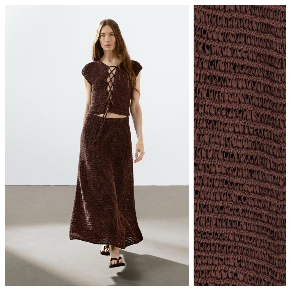 NWT. Massimo Dutti Aubergine Cotton Blend Crochet Midi Skirt. Size XS.